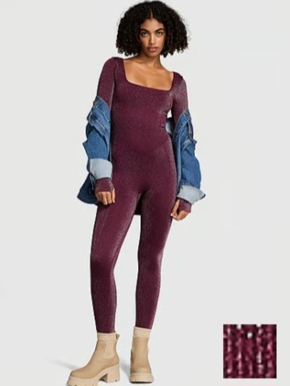 PINK Victoria's Secret Shimmery  Square-Neck Jumpsuit Burgundy Color Size M